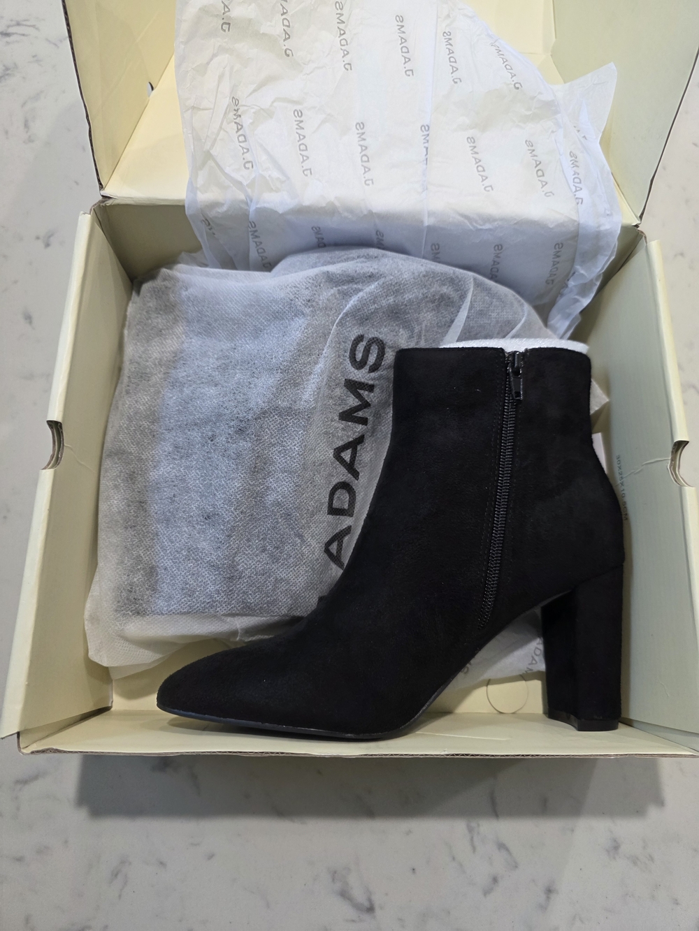 Adams Black Suede Pointed Toe Block Heel Ankle Boots